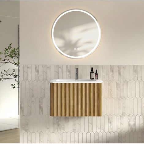 Mueble de baño mural con lavabo y espejo LED, 60 cm, color roble HAVRYA (1/5)