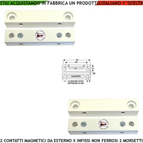 Sensore Magnetico da Esterno 2 Pezzi Antifurto Contatto Reed Sottovuoto Uscita NC Sensibilità Magnetica 13 mm Tensione Transito Max 30 V 0,5 A Carico Resistivo 2 Morsetti Cover ABS Bianco Prot. IP40 (1/2)