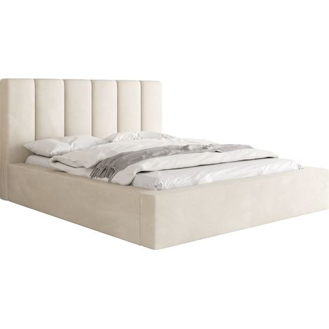 Polsterbett 180x200 mit Bettkasten und Lattenrost – Bett mit hohem Kopfteil, Boucle oder Samt Stoff Weiß, Ecru – Modernes Doppelbett mit Stauraum – Bettgestell, ohne Matratze – Amira – Creme