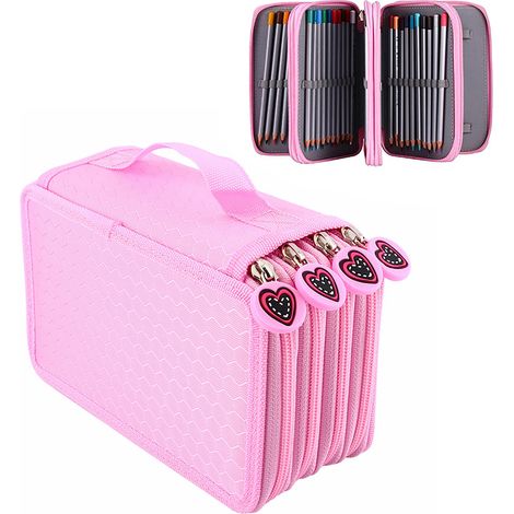 Étui de rangement pour 72 crayons de couleur rose, grande capacité en Oxford, pochette à compartiments multiples, organiseur de crayons portable (1/5)
