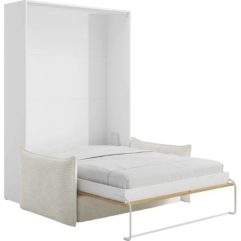 Letto a scomparsa 140 x 200 cm - Apertura verticale manuale - Naturale e bianco + Divano - BEGANIO