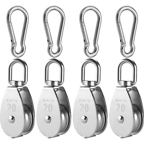 8 Pièces Kit de Poulie de Levage,4 Pièces M20 Poulie pour Cable en Acier Inoxydable avec 4 Pièces Mousqueton M5,Bloc de Poulie Pivotant à 360° Poulie à Crochet Poulie Rouleau Charge de 75kg (1/5)