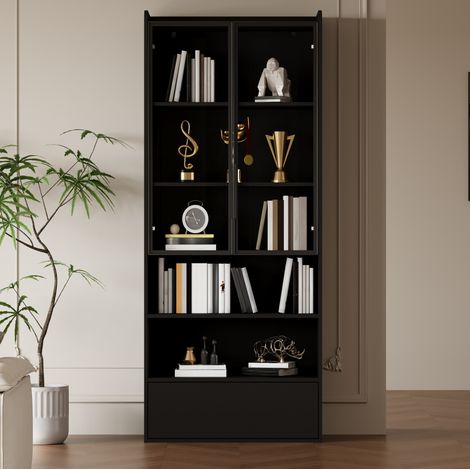 Vitrine haute 80 x 34 x 180 cm avec 1 tiroir, LED et portes en verre noir DESVIAE (1/5)