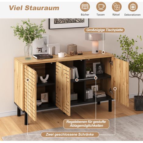 Buffet à motif ondulé, 3 portes à fermeture amortie, meuble de rangement en MDF pour salon, salle à manger et bureau, charge max 50 kg, armoire de cuisine en bois, 120×35×68 cm (1/5)
