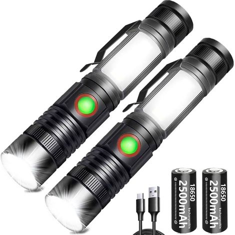 Torche LED 2000 Lumens Super Lumineuse, 2500 mAh Torche USB-C Rechargeable Haute Capacité Portable et Zoomable Puissante, avec Base Magnétique et Lumière de Travail COB(Lot de 2)