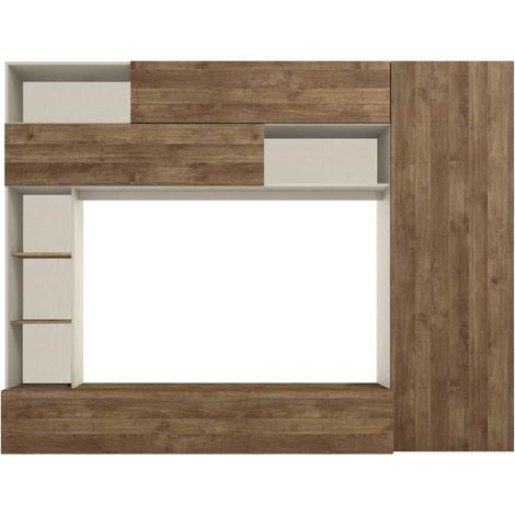 Meuble TV mural avec rangements et étagères beige et aspect bois - PALACIO (1/4)