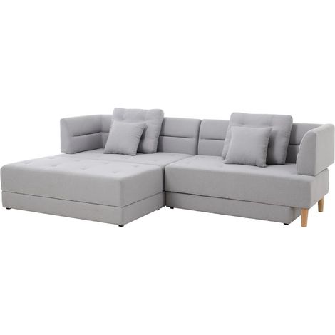 Concept-Usine – Canapé d'angle 4 places en tissu déperlant gris clair – 5 positions – Coffre de rangement – Piètement en bois massif – Confort medium (1/5)
