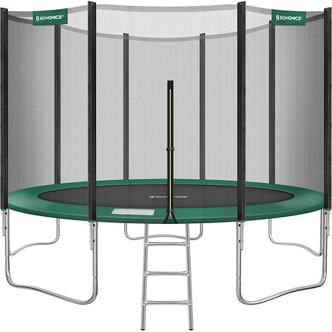 Cama elástica de exterior 427 cm de diámetro equipamiento de jardín con escalera red de seguridad postes revestidos en negro y verde oscuro 120002075 (1/5)