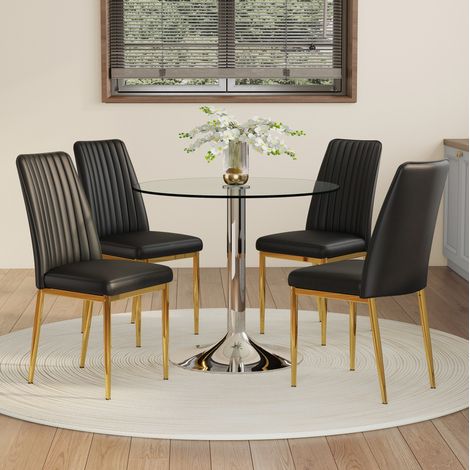 Ensemble de salle à manger verre trempé transparent et métal, table ronde 85x76 cm, 4 chaises PU noir pieds métal doré (1/5)