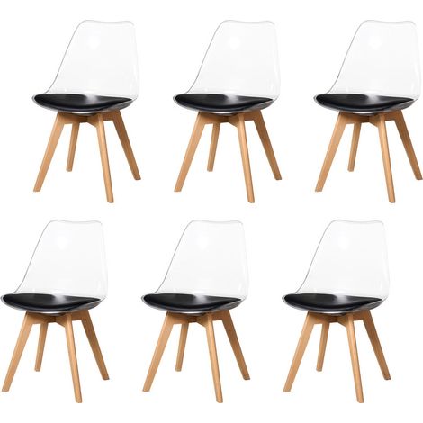 Wokaka Set di 6 Sedie da Pranzo - Stile Scandinavo - Gambe in Legno Massello - Sedie Trasparenti - Nero