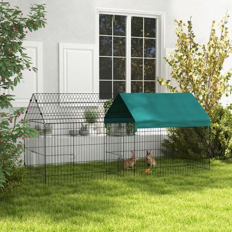 Enclos pour animaux avec toit, 4 portes, résistant aux intempéries, acier/polyester, 220 x 85 x 103 cm, vert et noir (1/4)