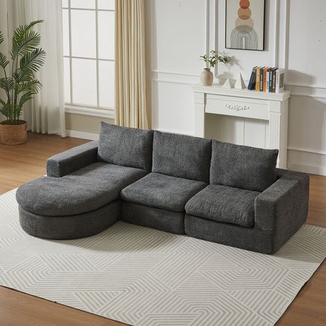 Canapé en chenille avec éléments courbés et chaise longue, entièrement compressé et sans armature, canapé modulaire combiné en L avec chaise longue, canapé compressé en mousse, aucun montage requis (1/5)