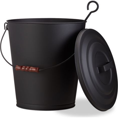 Seau À Cendres Avec Couvercle, Seau De Charbon En Acier, Cendrier Anse Bois 24 Litres, Noir (1/4)