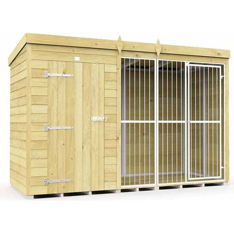 10ft X 4ft Dog Kennel and Run Full Height with Bars - Wood - L118 x W302 x H201 cm
