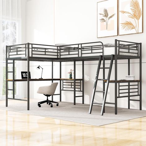 Letto a castello 90x200 cm in metallo con scrivania, scaffale, 2 scale, rete a doghe, 2 posti letto, letto per bambini - Nero