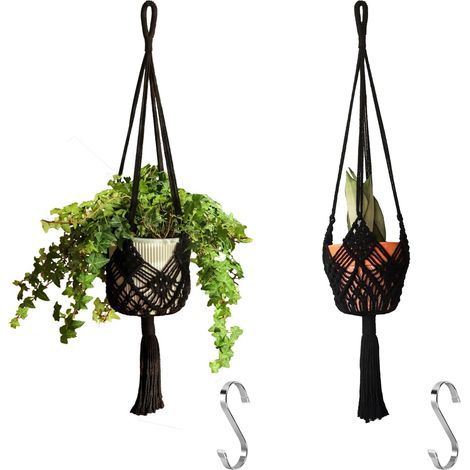Hanging Planter with Patterns,2Packs Macrame Plant Hangers Indoor Macrame for up to 8 inch Pot Crochet Boho Plant Hanger Holder for Indoor Outdoor with 2S Shaped Stainless Steel Hooks (Black) (1/5)