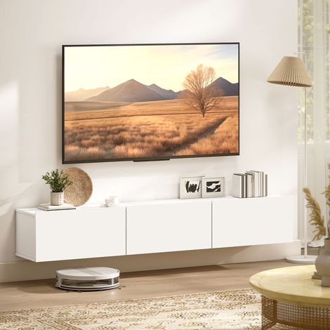 Meuble TV flottant pour téléviseur jusqu’à 82 pouces : avec 3 placards à portes rabattables à fermeture amortie, blanc