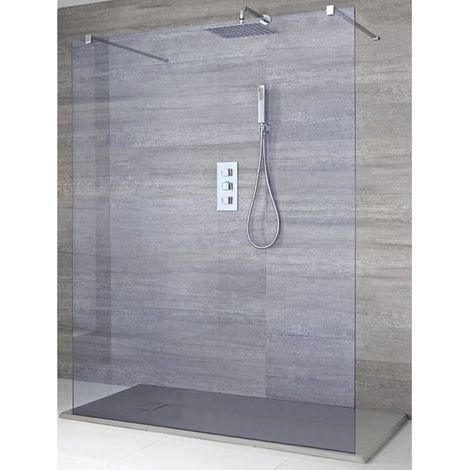 Milano Portland-Luna Chrome Floating Walk In Frameless Wet Room Shower Enclosure with Smoked Glass Screen Support Arms and Light Grey Slate Effect Tray - 1400mm x 900mm (1/5)