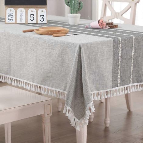 Nappe rectangulaire en coton et lin infroissable, avec pompons, lavable, pour cuisine, salle à manger et fêtes (Gris, 140 x 180 cm (55 x 70,8") (1/5)
