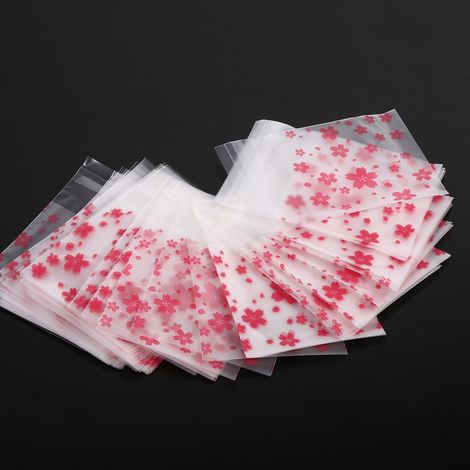Lot de 100 sachets en plastique alimentaire autocollants motif fleur cerisier du Japon 7 x 7 cm pour bonbons biscuits gâteaux mariage anniversaire