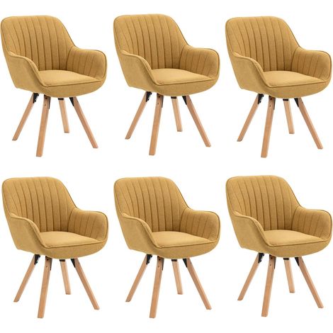 Meuble Cosy Lot de 6 Chaise Salle à Manger Fauteuil Coiffeuse Siège Pivotant avec Accoudoirs pour Chambre Salon Cuisine Bureau, Rembourré en Tissu Pieds en Bois Massif, Jaune, 60x58x83cm (1/5)