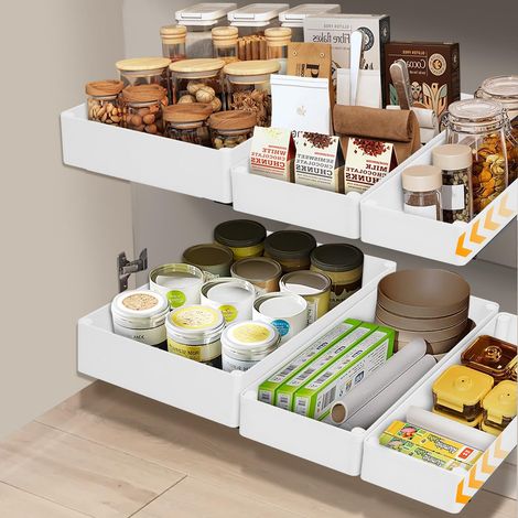 Lot de 3 Tiroirs Coulissants Cuisine, 3 Tailles Tiroir Coulissant Placard, Rangement Coulissant Placard Cuisine, Plateau Coulissant, Montage Vis/Adhésif (1/5)