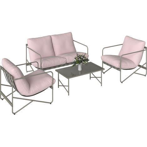 Outsunny conjunto jardín exterior 4 piezas, muebles jardín exterior con sofá de 2 plazas, 2 sillones, mesa de vidrio templado, cojines gruesos, rosa