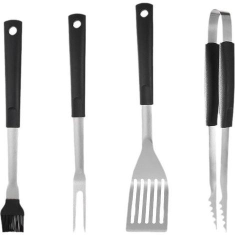 Set 4 ustensiles de barbecue pince fourchette spatule pinceau sac BBQ acier inox (1/5)