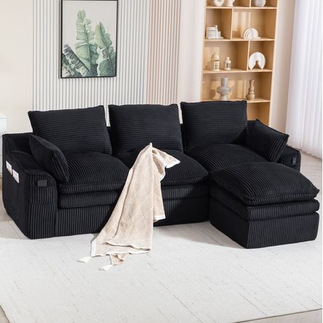3-Sitzer Sofa Cord Schwarz 263x167x85 cm, modular mit Hocker, inklusive Kissen und Seitentaschen (1/5)