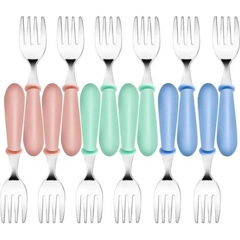Lot de 12 fourchettes pour tout-petits, couverts en acier inoxydable, fourchettes d'apprentissage sûres et durables, faciles à nettoyer, manches sans BPA pour enfants en bas âge (1/5)