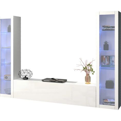 Parete da Soggiorno Attrezzata con 2 Vetrine Porta TV Bianco Lucido (1/5)