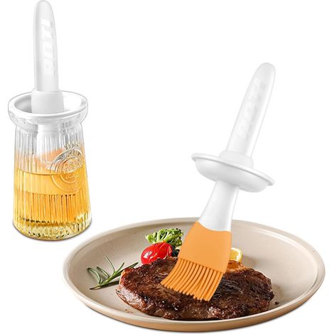 20 cm Silikon-Küchenpinsel mit 200 ml Glasölflasche, 2-in-1, langer, professioneller, hitzebeständiger Gebäckpinsel zum Grillen, Marinieren von Steaks (weiß) (1/4)