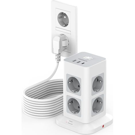 Multiprise avec Interrupteur, Rallonge Electrique 5M, Gris Prise Multiple 8 Sorties AC avec 1 USB,C et 2 USB A, Parafoudre et Surtension, 3600W Tour Multiprise pour Maison, Bureau (1/5)
