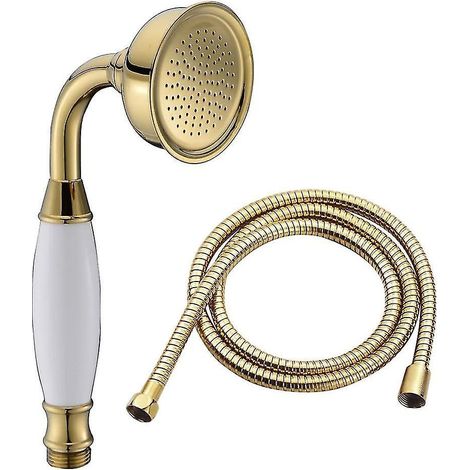 Klassische Handbrause aus Messing mit 1,5 m langem Brauseschlauch, silber-goldene Farbe. (1/5)