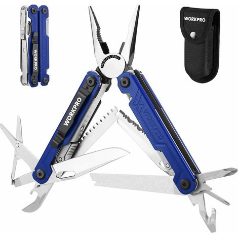 Pince Multifonction en Acier Inoxydable 18 en 1, Outil Multifonction avec Sac, Multitool Couteau Scie Tournevis Ouvre-Boîte pour Extérieur, Camping, Randonnée, Réparation (Bleu) (1/5)
