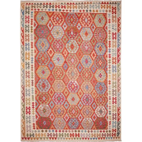 Tapis kilim 253 x 351 cm, motif géométrique, multicolore bleu et rouge, en laine naturelle, tissé plat authentique (1/5)
