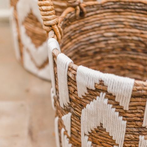 Grand panier de rangement rond en fibre de bananier et macramé coton pour linge et plantes - PANGIVO (1/4)