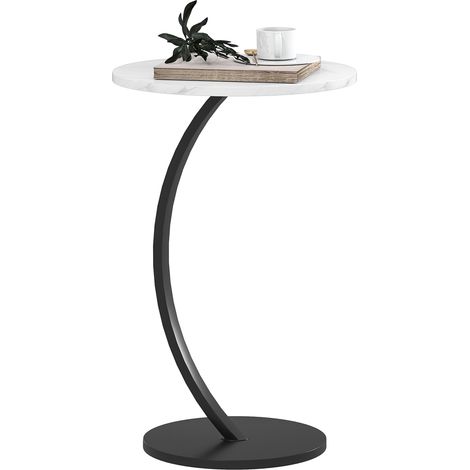 HOMCOM C Shaped Side Table, Round Bedside Table w/ Marble Effect Top, White