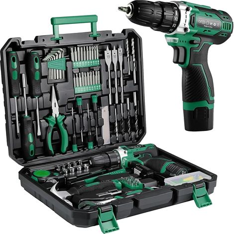Werkzeugset, Akku-Bohrmaschine, Umfassende Werkzeugkollektion, grün (1/2)