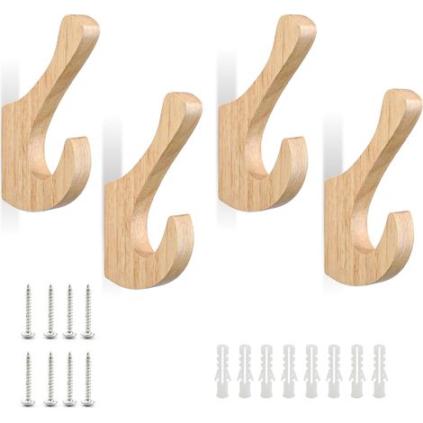 Set de 4 Patère Murale en Bois de Chêne, Double Crochet Porte Manteau Mural, Vintage pour Entrée Chambre Cuisine Balcon – avec Vis et Chevilles (1/5)