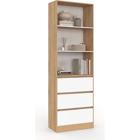 CARLA Libreria a 3 livelli con 3 cassetti bianchi ed effetto legno H.190 cm
