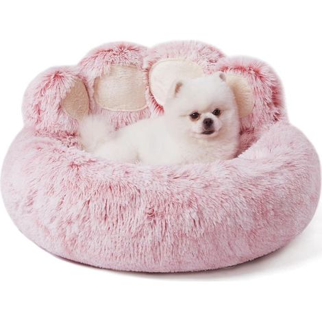 Lit Rond pour Chien Chat de Forme de la Patte, Panier pour Chien en Forme de Beignet, Grand Format Le diamètre est de 66 cm, Confortable et Doux, Lavable en Machine, Rose (1/5)