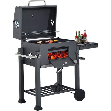 OHMG Barbecue au Charbon de Bois Memphis, Acier, Couvercle avec Thermomètre, Tablette latérale Pliable, Bac à Cendres, Étagère inférieure, 2 Roulettes