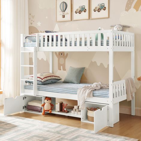 Lit superposé enfant pin massif 90x200cm transformable 2 lits simples barrières sécurité tiroirs rangement échelle blanc (sans matelas) (1/5)