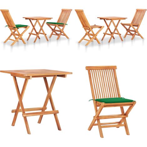 3-tlg. Bistroset mit Grünen Kissen Massivholz Teak - Gartenmöbel - Teakholzmöbel - Bistroset - Outdoormöbel - Balkonmöbel - Home & Living
