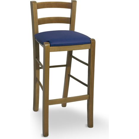 Hocker aus hellem Nussbaumholz mit Rückenlehne h 66 cm mit Sitzfläche aus blauem Kunstleder