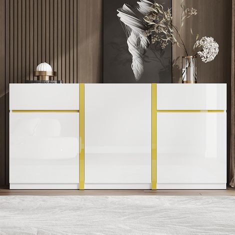 Buffet au fini brillant, de style moderne, avec trois portes et deux tiroirs, blanc