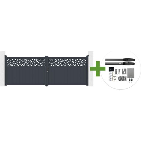 Portail battant 4m DOLOMITE RUIVO H.140cm aluminium gris + Motorisation de portail battant HICKER B200