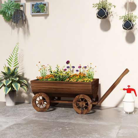Carrito de Madera con 4 Ruedas y Mango Jardinera Exterior con Orificio de Drenaje 115x40x54,5 cm Carbonizado (1/5)