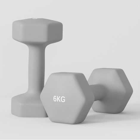 Set de 2 haltères hexagonales de 6 kg gris avec revêtement plastique antidérapant (1/5)